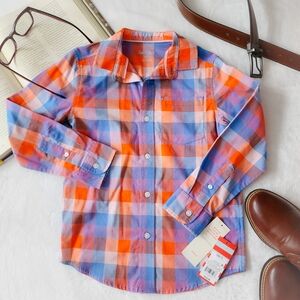 Cat & Jack Boys Plaid Button Down Shirt Size 6/7 Blue Orange Pink NWT